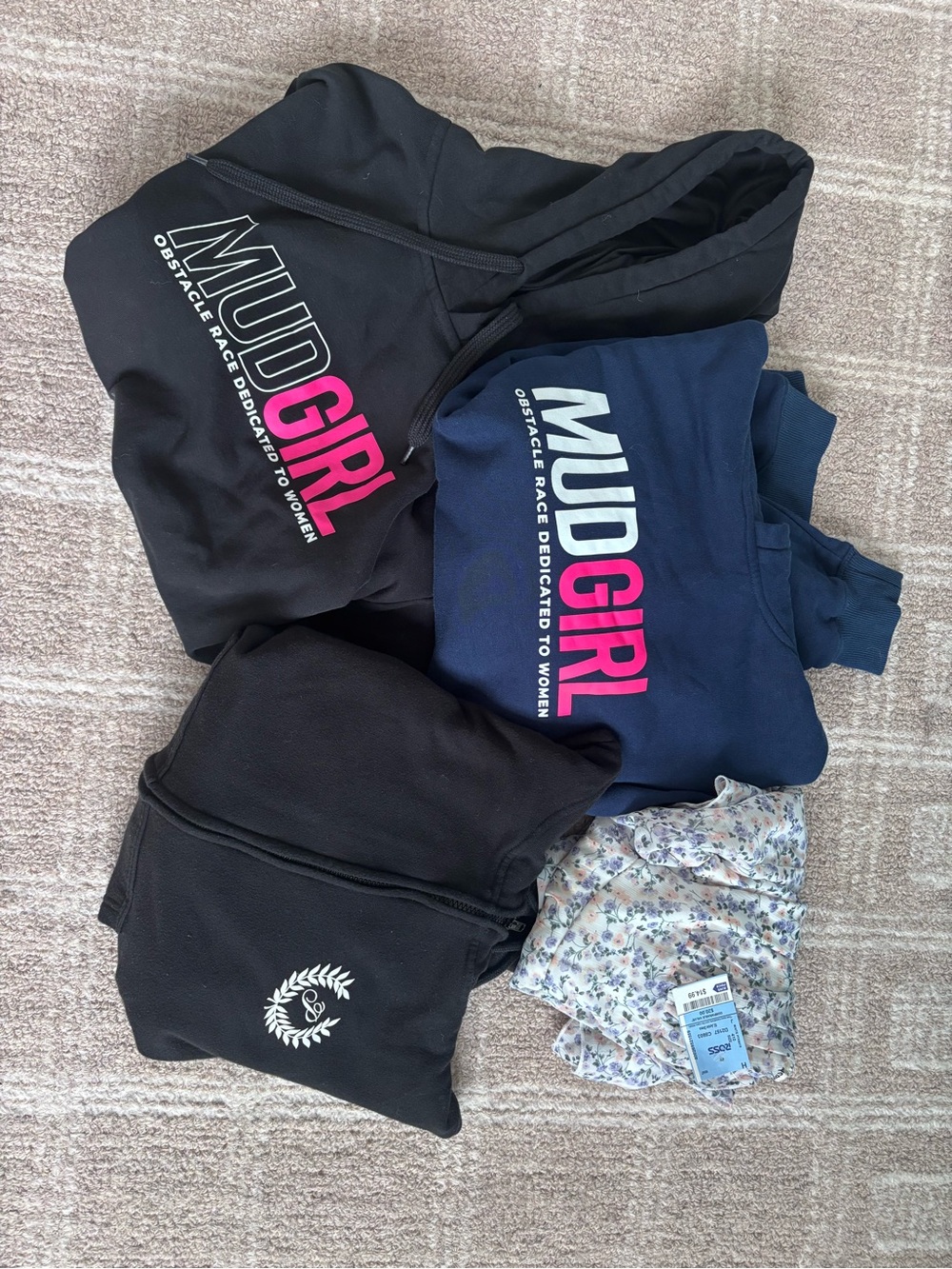 Bundle of 2 hoodies, a zip up from pink and a cute dress! All are a medium.